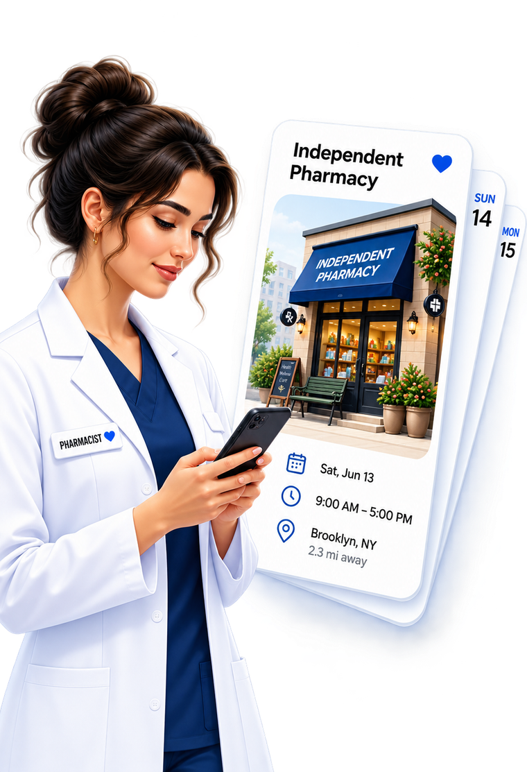 Pharmacist browsing a nearby pharmacy shift on her phone